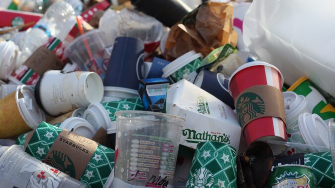 pile of rubbish food and drinks packaging.