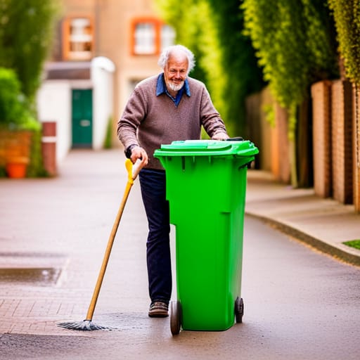 man cleaning his wheelie bin with mop in the street.