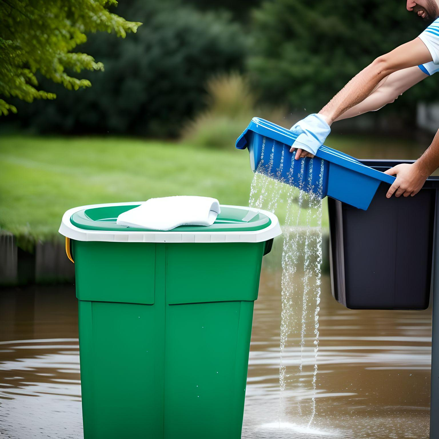 wheelie bin being cleaned with bucket of water.