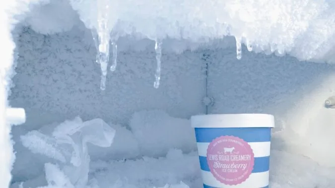 inside of a freezer with a tub of ice cream.