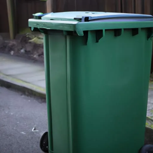 green wheelie bin stood on the street.