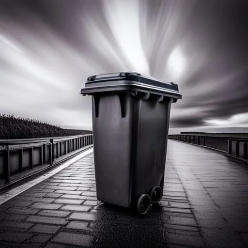 wheelie bin stood on a street in a strom.