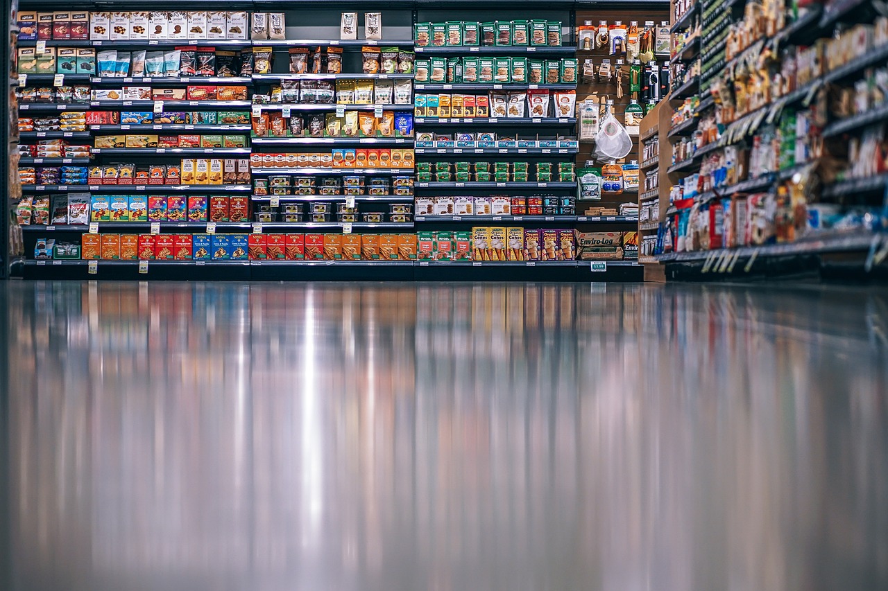 food packaging on shelves in a supermarket.