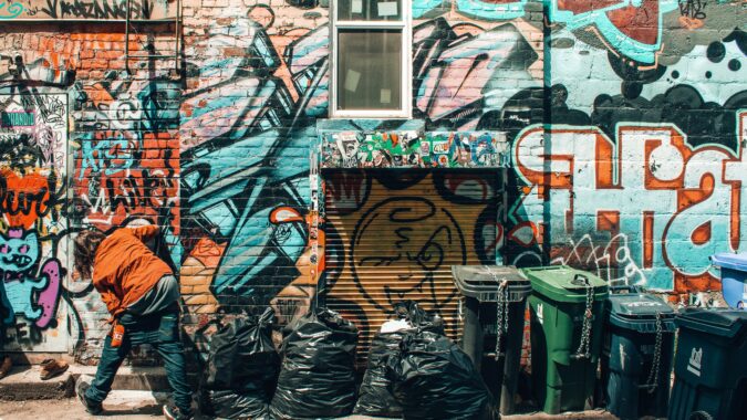 bins in a street overflowing with graffiti on walls behind them.