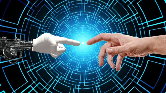 AI robot hand touching human hand.