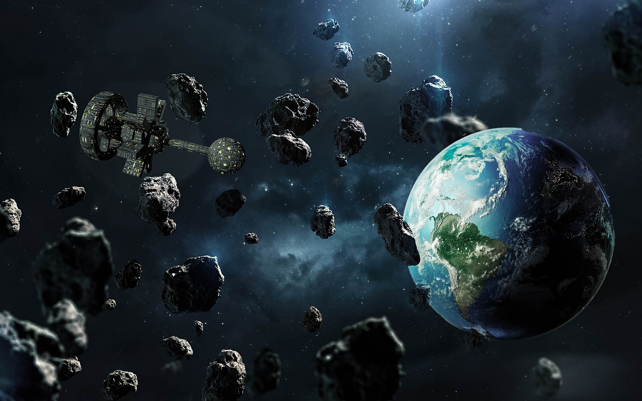 asteroids in space with earth and spaceship.