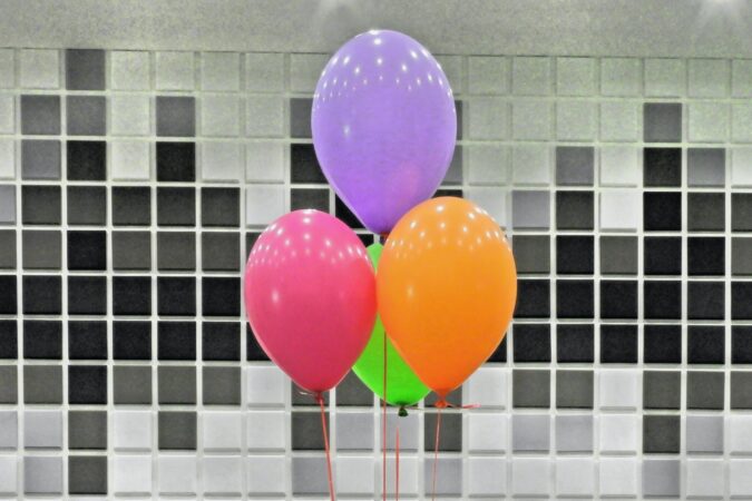 red, purple, and orange balloons.