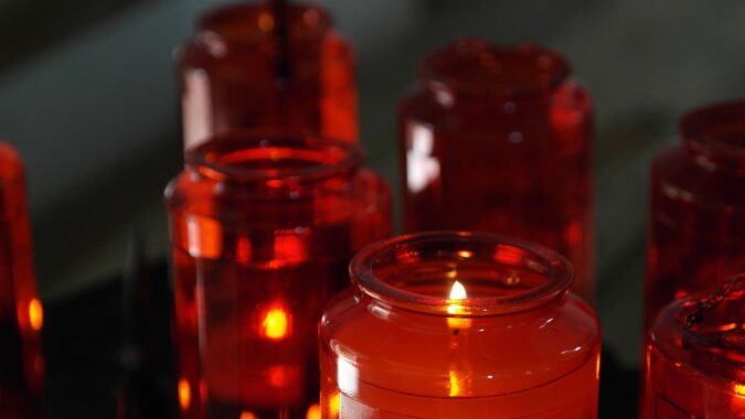 candles in jars burning.