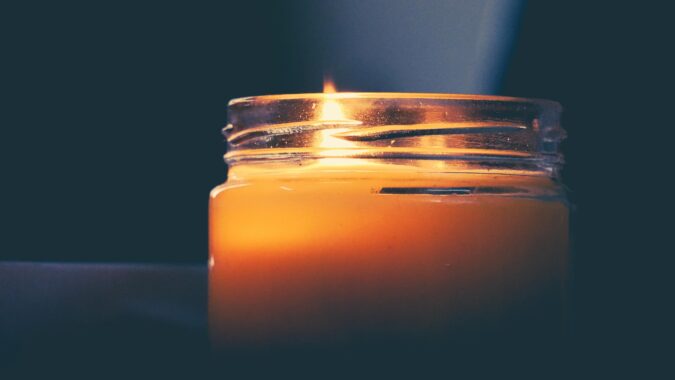 candle in a glass jar.