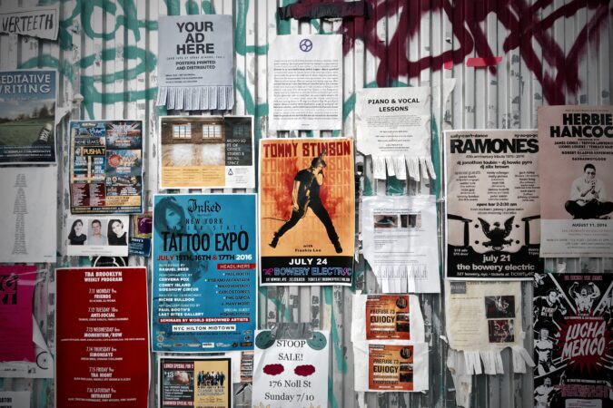 posters on a wall.