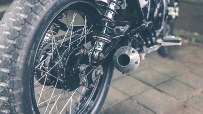 back wheel and tyre of a motorbike.