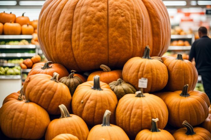 giant pumpkins on sale in a supermarket.
