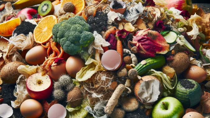 food scraps on a chopping board.