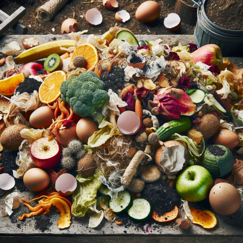 food scraps on a chopping board.