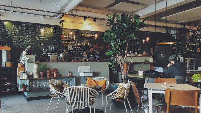 empty table and chairs in a cafe.